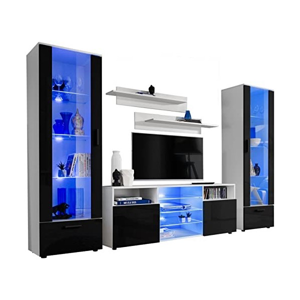 ExtremeFurniture Tower Meuble TV, Carcasse en Noir Mat/Façade en Blanc Brillant + LED Bleues