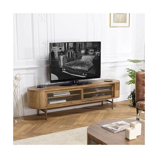 MACABANE YSEULT - Meuble TV Arrondi Couleur Naturelle Bois peuplier 2 Portes coulissantes en Verre