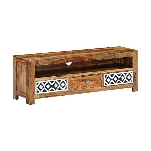 Meuble TV de Style Vintage avec 3 tiroirs et Un Compartiment Ouvert, Centre de Divertissement en Bois de Sesham Massif, Conso
