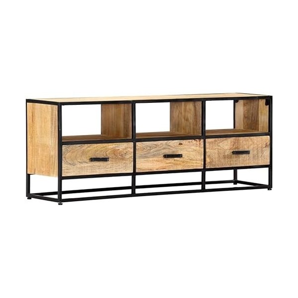 Suuim Meuble TV en Bois avec 3 tiroirs et 3 étagères, Centre de Divertissement en Bois de manguier Massif, Console TV, Meuble