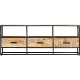 Suuim Meuble TV en Bois avec 3 tiroirs et 3 étagères, Centre de Divertissement en Bois de manguier Massif, Console TV, Meuble