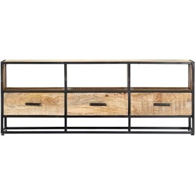 Suuim Meuble TV en Bois avec 3 tiroirs et 3 étagères, Centre de Divertissement en Bois de manguier Massif, Console TV, Meuble