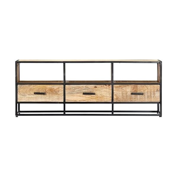 Suuim Meuble TV en Bois avec 3 tiroirs et 3 étagères, Centre de Divertissement en Bois de manguier Massif, Console TV, Meuble