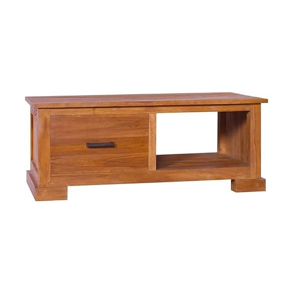 Meuble TV en Bois Massif avec 1 tiroir et 1 étagère Ouverte, Centre de Divertissement en Bois de Teck Massif, Table de Consol