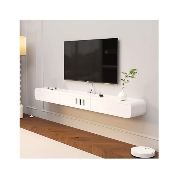 Meuble TV mural Meuble TV flottant blanc avec armoires de rangement multimédia et tiroirs, meuble TV mural, centre de diverti