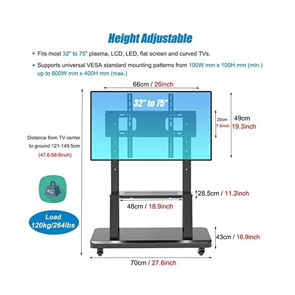 AASSDOO Meuble TV Roulant pour Salon/Chambre à Coucher, Chariot TV réglable au Sol de 32 à 75 Pouces, Chariot de Sol Universe