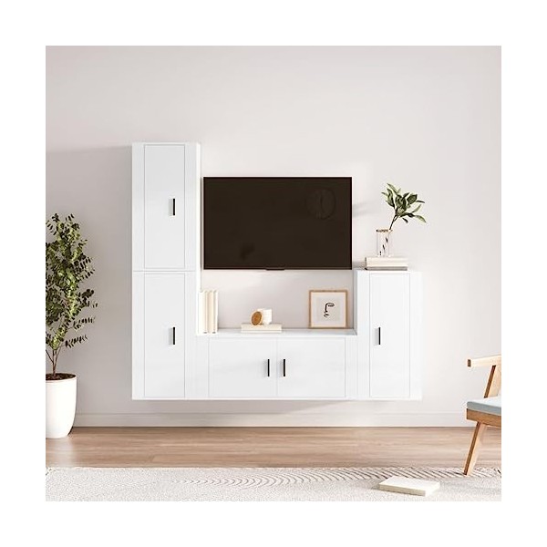 AJJHUUKI Meuble TV 4 pièces en bois blanc brillant
