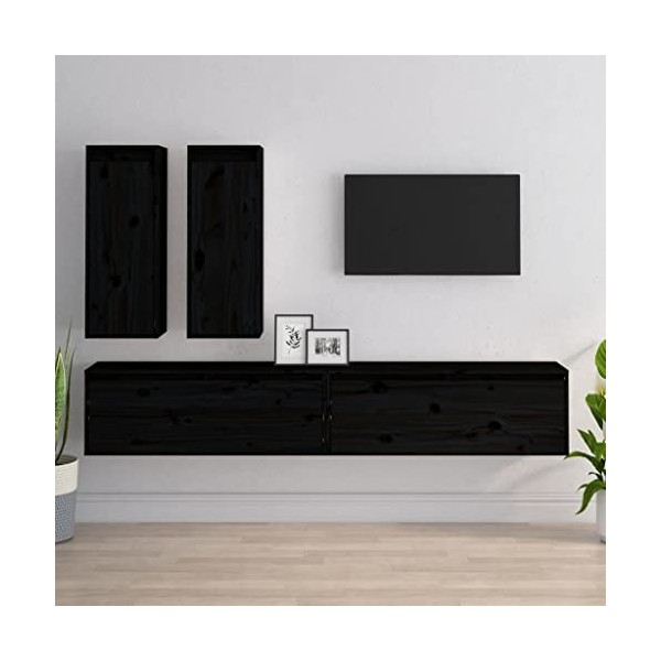RAUGAJ Meuble TV 4 pièces en pin massif noir