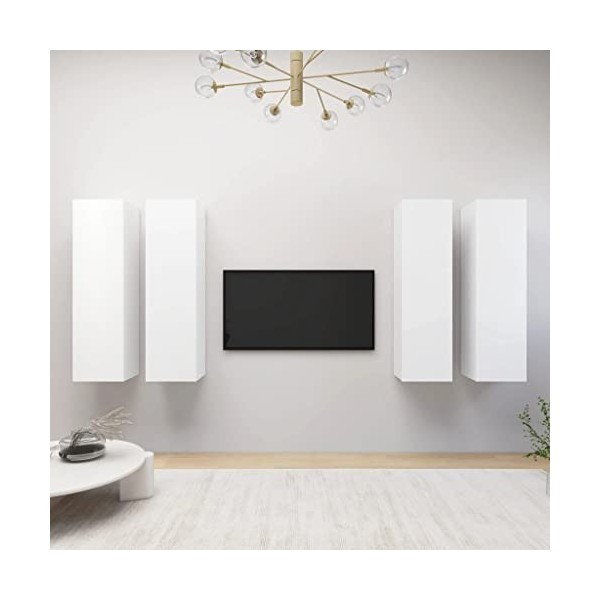 TEKEET Lot de 4 meubles TV en bois dingénierie Blanc 30,5 x 30 x 110 cm