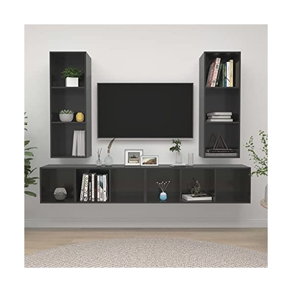 DCRAF Centres de divertissement et supports TV, meubles TV muraux 4 pièces en bois gris brillant