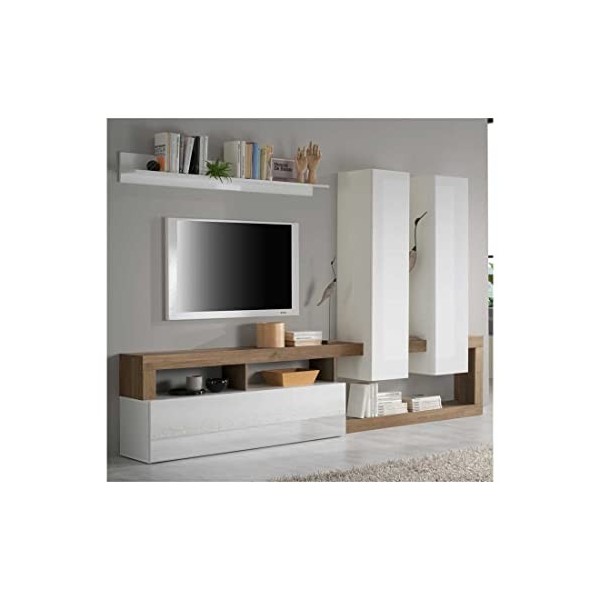 Tousmesmeubles Composition TV 2 colonnes Blanc laqué/Chêne Noisette - Ischia - L 277 x l 35 x H 173 cm - Neuf
