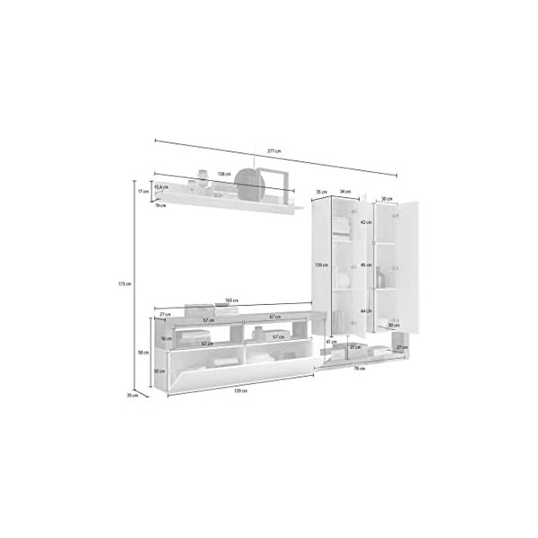 Tousmesmeubles Composition TV 2 colonnes Blanc laqué/Chêne Noisette - Ischia - L 277 x l 35 x H 173 cm - Neuf