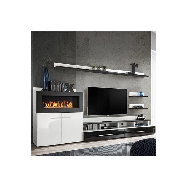 NOUVOMEUBLE Meuble TV avec Rangement et cheminée Noir laqué MARTANO