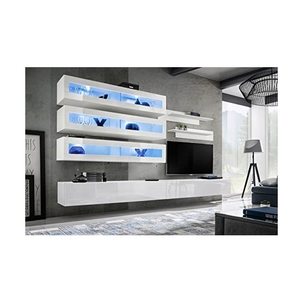 ASM Ensemble Mural - Fly J - 3 Rangements LED - 2 Meubles TV - 2 étagères - Blanc - Modèle 1