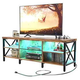 Homieasy Meuble TV LED pour TV jusquà 65,1 cm, centre de divertissement de 140,7 cm avec station de charge, superbe console 