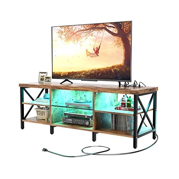 Homieasy Meuble TV LED pour TV jusquà 65,1 cm, centre de divertissement de 140,7 cm avec station de charge, superbe console 