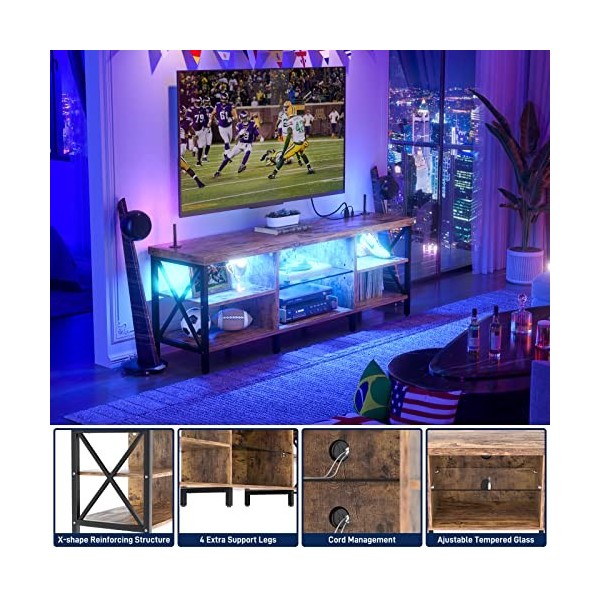 Homieasy Meuble TV LED pour TV jusquà 65,1 cm, centre de divertissement de 140,7 cm avec station de charge, superbe console 