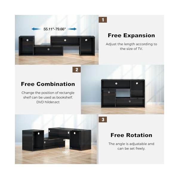 Rolanstar Support TV déformable avec bande LED et prises de courant, centre de divertissement moderne pour téléviseurs de 45/