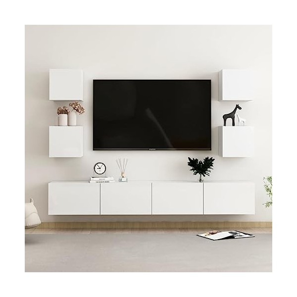 SEVSO Meuble TV 6 pièces en bois blanc brillant