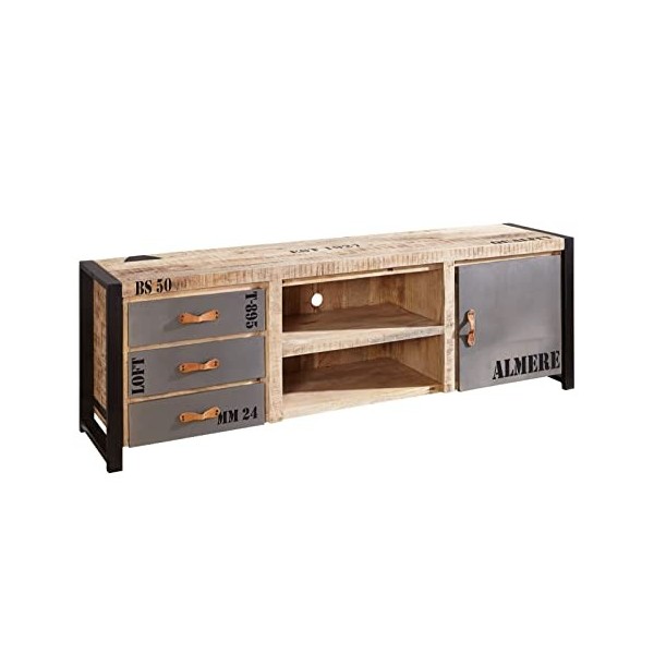 Meuble TV 200x45cm - Bois Massif de manguier Brut - Fer et Bois imprimé - Factory 133