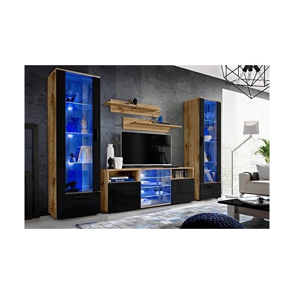 ExtremeFurniture Tower Meuble TV, Carcasse en Wotan Mat/Façade en Noir Brillant + LED Multicolores avec télécommande