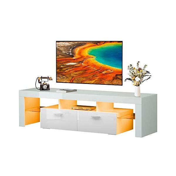 LMEREODY Meuble TV LED moderne pour TV de 55/60/65/70/75 pouces, centre de divertissement brillant avec lumières LED, console