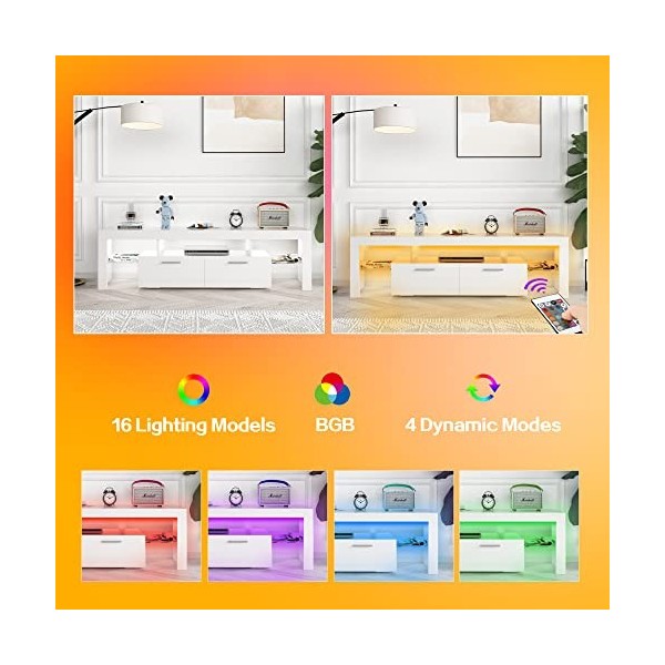 LMEREODY Meuble TV LED moderne pour TV de 55/60/65/70/75 pouces, centre de divertissement brillant avec lumières LED, console