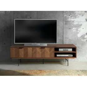 PEGANE Meuble TV en Bois Finition Noyer avec Pieds en métal Noir Mat - Longueur 180 x Profondeur 40 x Hauteur 50 cm