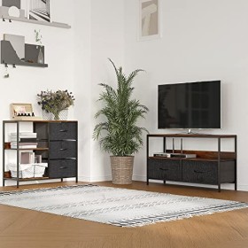 HOMCOM Meuble TV Bas sur Pieds Style Industriel 2 tiroirs en Tissu Gris MDF Marron Rustique et métal Noir