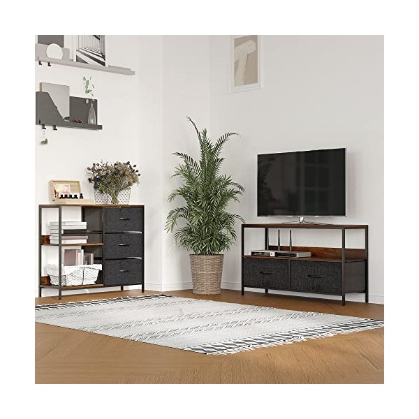 HOMCOM Meuble TV Bas sur Pieds Style Industriel 2 tiroirs en Tissu Gris MDF Marron Rustique et métal Noir