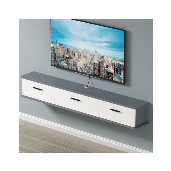 Support de Meuble TV Mural Flottant, Console multimédia Murale avec Trous de câble de Prise de Courant, Support de Rangement 