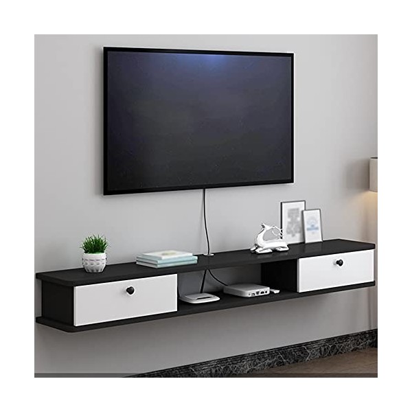 ROLTIN Meuble TV Flottant, Étagère de Rangement Multimédia en Bois avec Trou de Fil avec 2 Tiroirs, pour Salon, Salle de Dive