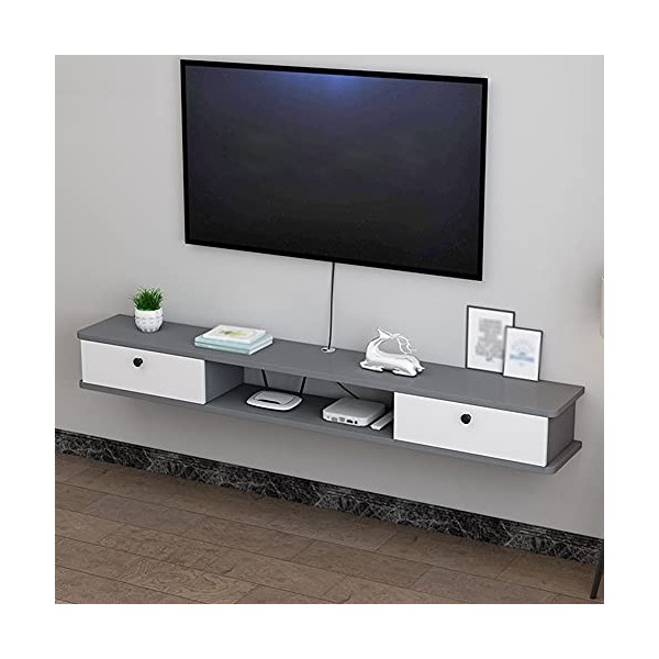 ROLTIN Meuble TV Flottant, Étagère de Rangement Multimédia en Bois avec Trou de Fil avec 2 Tiroirs, pour Salon, Salle de Dive