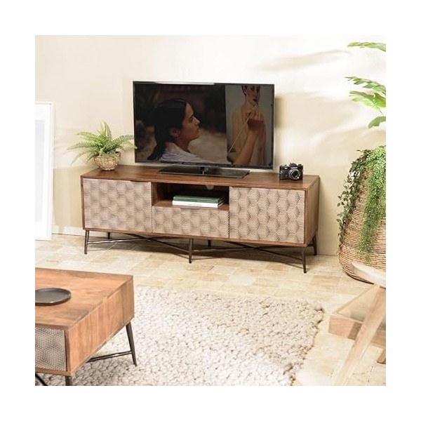 MACABANE Alix - Meuble TV en Bois de manguier 2 Portes 1 tiroir Motifs Ethniques