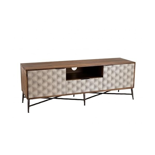 MACABANE Alix - Meuble TV en Bois de manguier 2 Portes 1 tiroir Motifs Ethniques