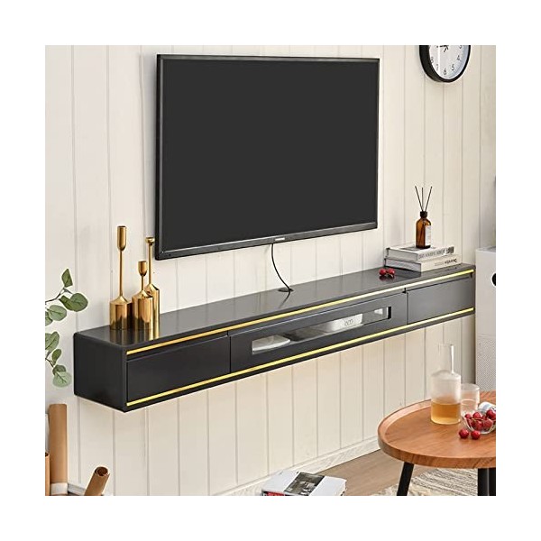 XIBANY Meuble TV Mural Meuble TV en Bois Massif, Console multimédia Murale avec 2 tiroirs, étagère Flottante pour Composants 