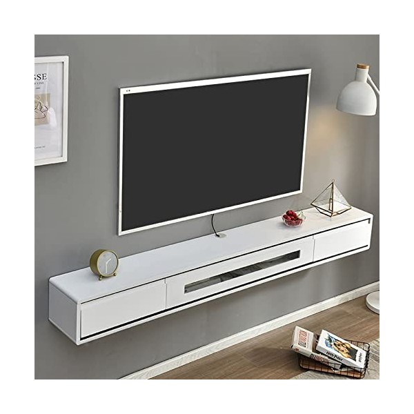 XIBANY Meuble TV Mural Meuble TV en Bois Massif, Console multimédia Murale avec 2 tiroirs, étagère Flottante pour Composants 