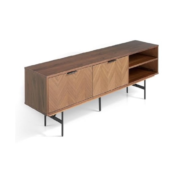 PEGANE Meuble TV en Bois Finition Noyer avec Pieds en métal Noir Mat - Longueur 180 x Profondeur 40 x Hauteur 50 cm