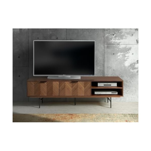 PEGANE Meuble TV en Bois Finition Noyer avec Pieds en métal Noir Mat - Longueur 180 x Profondeur 40 x Hauteur 50 cm
