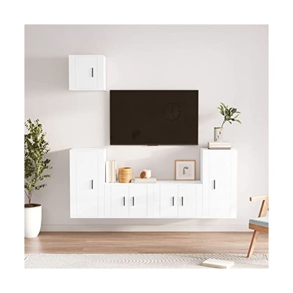 AJJHUUKI Meuble TV 5 pièces en bois blanc brillant