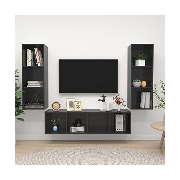 Meuble TV 3 pièces en bois gris brillant