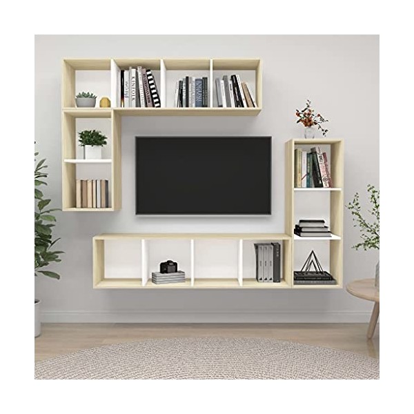 Centres de divertissement et meubles TV, ensemble de 4 meubles TV en bois blanc et chêne sonoma