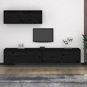 RAUGAJ Meuble TV 3 pièces en pin massif noir