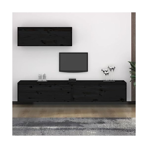 RAUGAJ Meuble TV 3 pièces en pin massif noir
