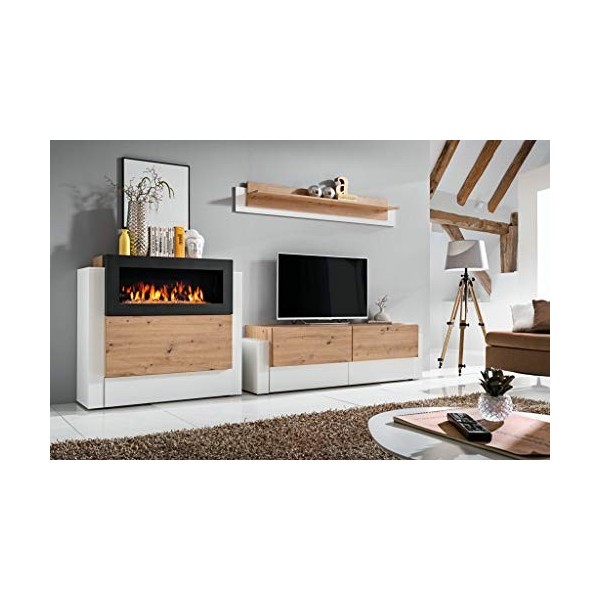 ASM Ensemble Meuble TV Mural Et Buffet Cheminée Queens - L 290 X P 45 X H 150 Cm - Blanc Et Beige