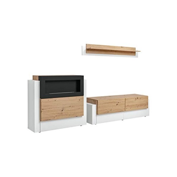 ASM Ensemble Meuble TV Mural Et Buffet Cheminée Queens - L 290 X P 45 X H 150 Cm - Blanc Et Beige