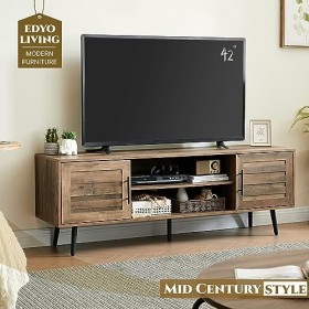 EDYO LIVING Meuble TV moderne du milieu du siècle de 53,3 cm de haut, meuble TV en bois avec armoire de rangement et étagère 