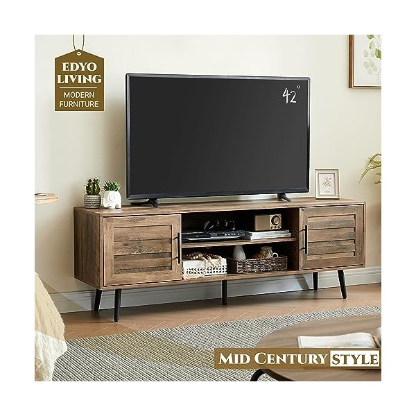 EDYO LIVING Meuble TV moderne du milieu du siècle de 53,3 cm de haut, meuble TV en bois avec armoire de rangement et étagère 