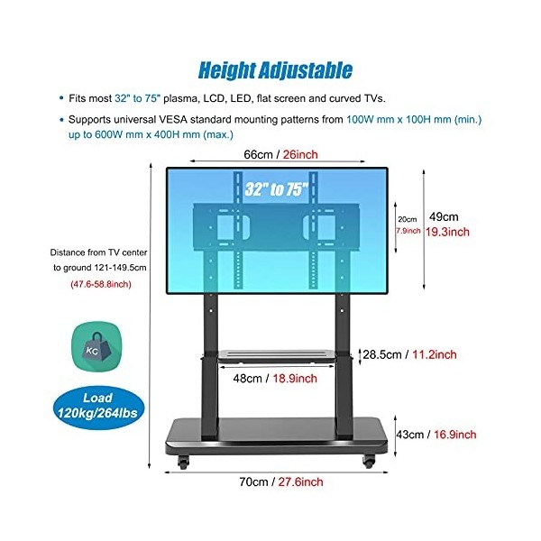 AASSDOO Meuble TV Roulant Noir avec roulettes, Chariot TV Universel Robuste Compatible avec la Plupart des téléviseurs LCD LE