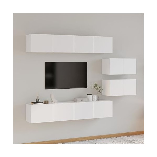 DCRAF Meuble TV 4 pièces en bois blanc brillant